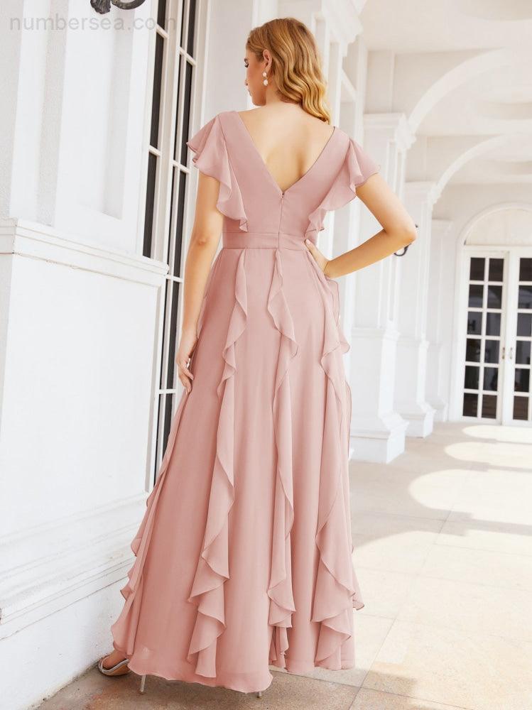 Ruffled Bridesmaid Dresses with Sleeves Long Formal Party Dress 28041