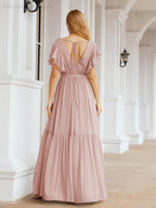 Abiti da sera formali da donna Numbersea con schiena scoperta, scollo a V, lunghi in chiffon, abiti da damigella con cintura in vita 28038