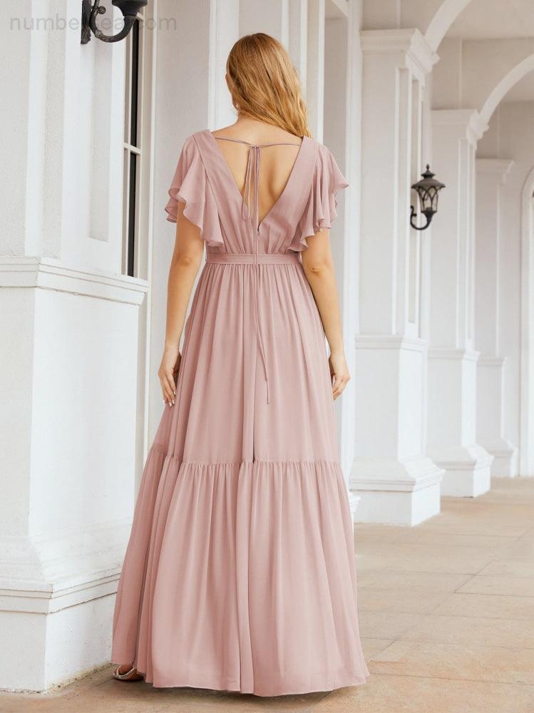 Abiti da sera formali da donna Numbersea con schiena scoperta, scollo a V, lunghi in chiffon, abiti da damigella con cintura in vita 28038