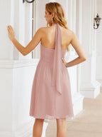 Halter Chiffon Bridesmaid Dresses Short Sleeveless Formal Party Dress Open Back 28023