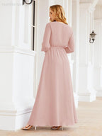 Vestito da damigella d'onore in chiffon da donna Numbersea, linea a trapezio, maniche lunghe, abito lungo formale da sera per ospite di matrimonio 28032