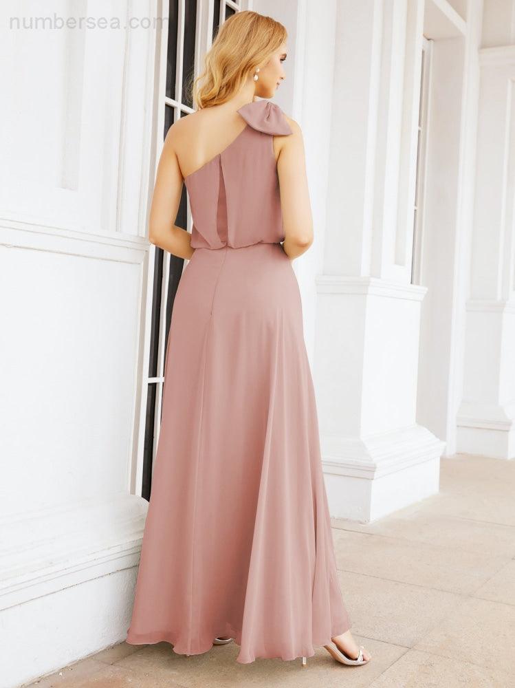 Chiffon Ruffled One Shoulder Sleeveless Long Bride Dresses A-line Formal Evening Gown Side Split 28057