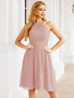 Halter Chiffon Bridesmaid Dresses Short Sleeveless Formal Party Dress Open Back 28023