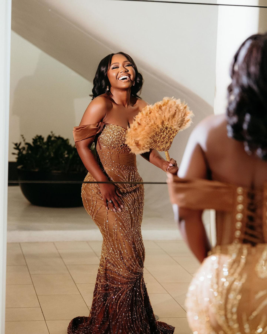 Golden Sunset Ombre Beaded Mermaid Prom Dress With Feather Trim