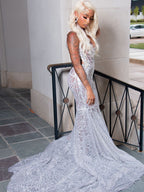 2026 Galactic Mermaid Prom Dress With Illusion Plunging Neckline Cathedral Train