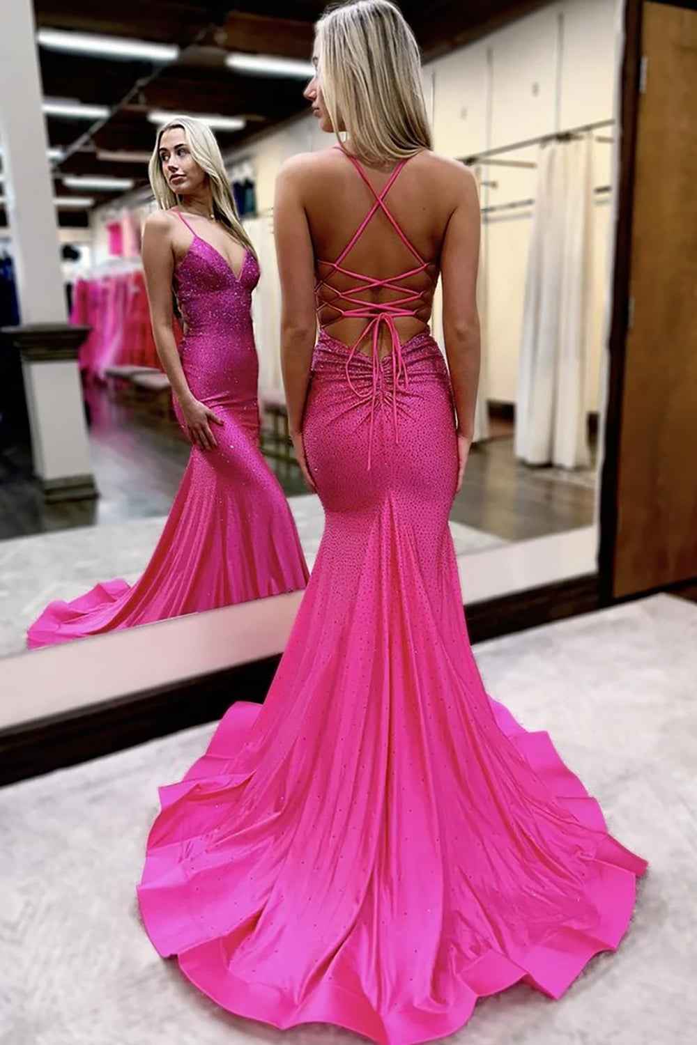 Red Polyester Spaghetti Strap Mermaid Long Prom Dress With Beading