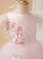 Princess Sleeveless Tulle Flower Girl Dress with Beading and Feather Bow (010224704)