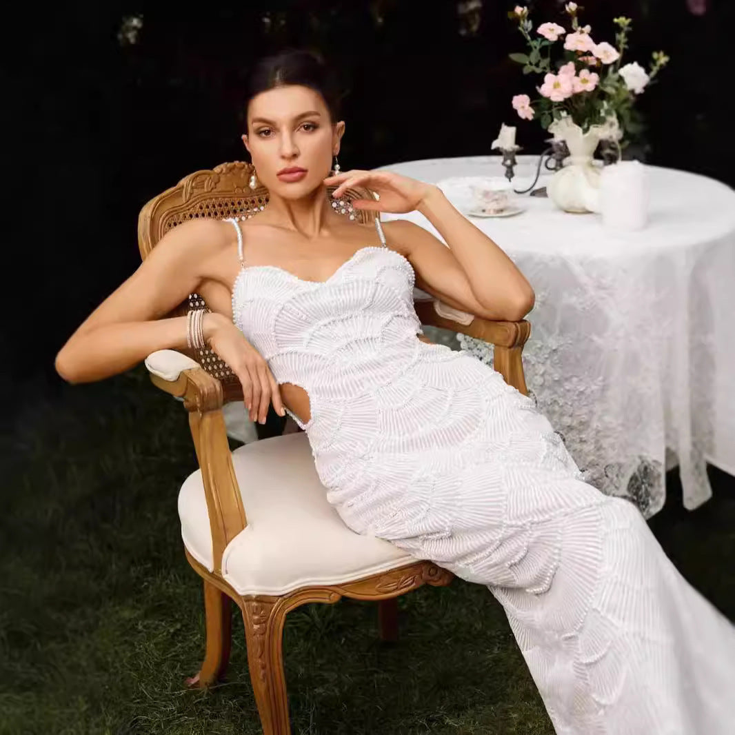 Vestido de Noiva de Bandagem Sem Alças com Aplicações de Pérolas