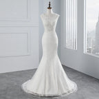 Chic Sleeveless Long Mermaid Jewel Tulle Wedding Dress With Lace Appliques