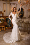 Bmbridal Lace Wedding Gown Long Sleeve Mermaid Silhouette V Neck Chapel Train