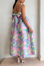 Robe mi-longue ligne A imprimée florale avec nœud papillon dans le dos, déesse du jardin