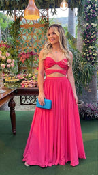 Sexy heißes pinkfarbenes Abendkleid mit Taillenausschnitt, festliches Kleid Y2699