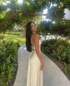 Robe de bal longue en satin blanc à fines bretelles spaghetti Y7517