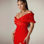 Vestido de fiesta largo de satén con abertura y fruncido en los hombros 