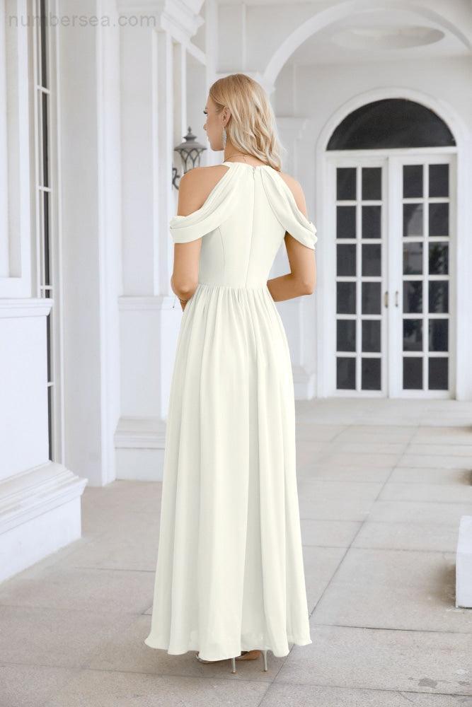 Abito da sera da damigella in chiffon con spalle scoperte, maniche a campana e spacco frontale, abito da festa nuziale 28117