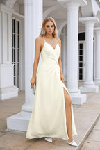 Vestido de Festa Comprido até ao Chão para Damas de Honra, em Chiffon, com Alças Finas, Decote em V e Fenda Frontal, para Baile, Festa e Casamento 28116