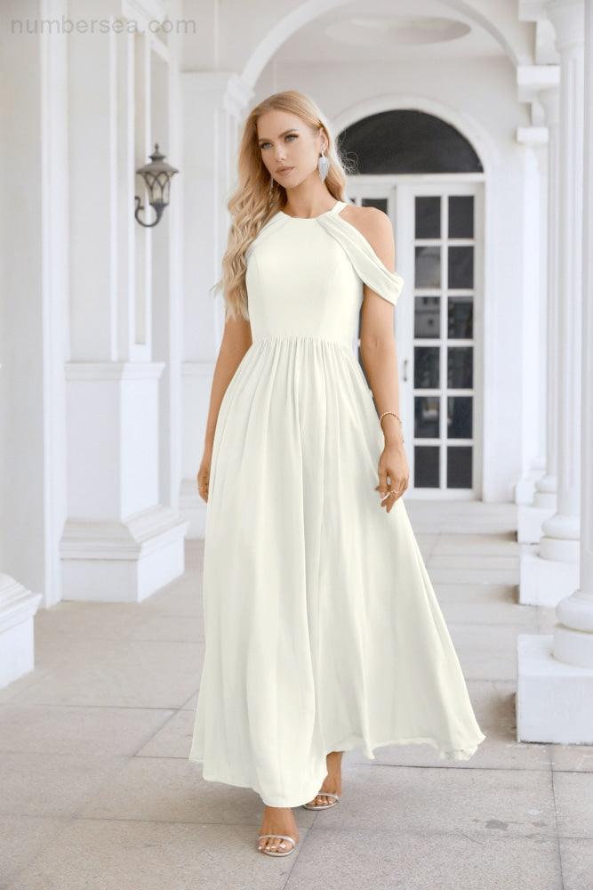 Abito da sera da damigella in chiffon con spalle scoperte, maniche a campana e spacco frontale, abito da festa nuziale 28117