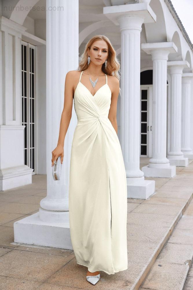 Vestido de Festa Comprido até ao Chão para Damas de Honra, em Chiffon, com Alças Finas, Decote em V e Fenda Frontal, para Baile, Festa e Casamento 28116