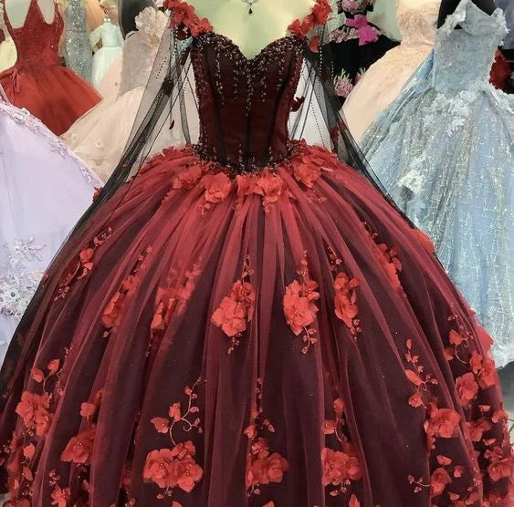 Luxuriöses 3D-Blumen Kleid für die Quinceañera, Tüllballkleid Süßes 16 Kleid Y1215
