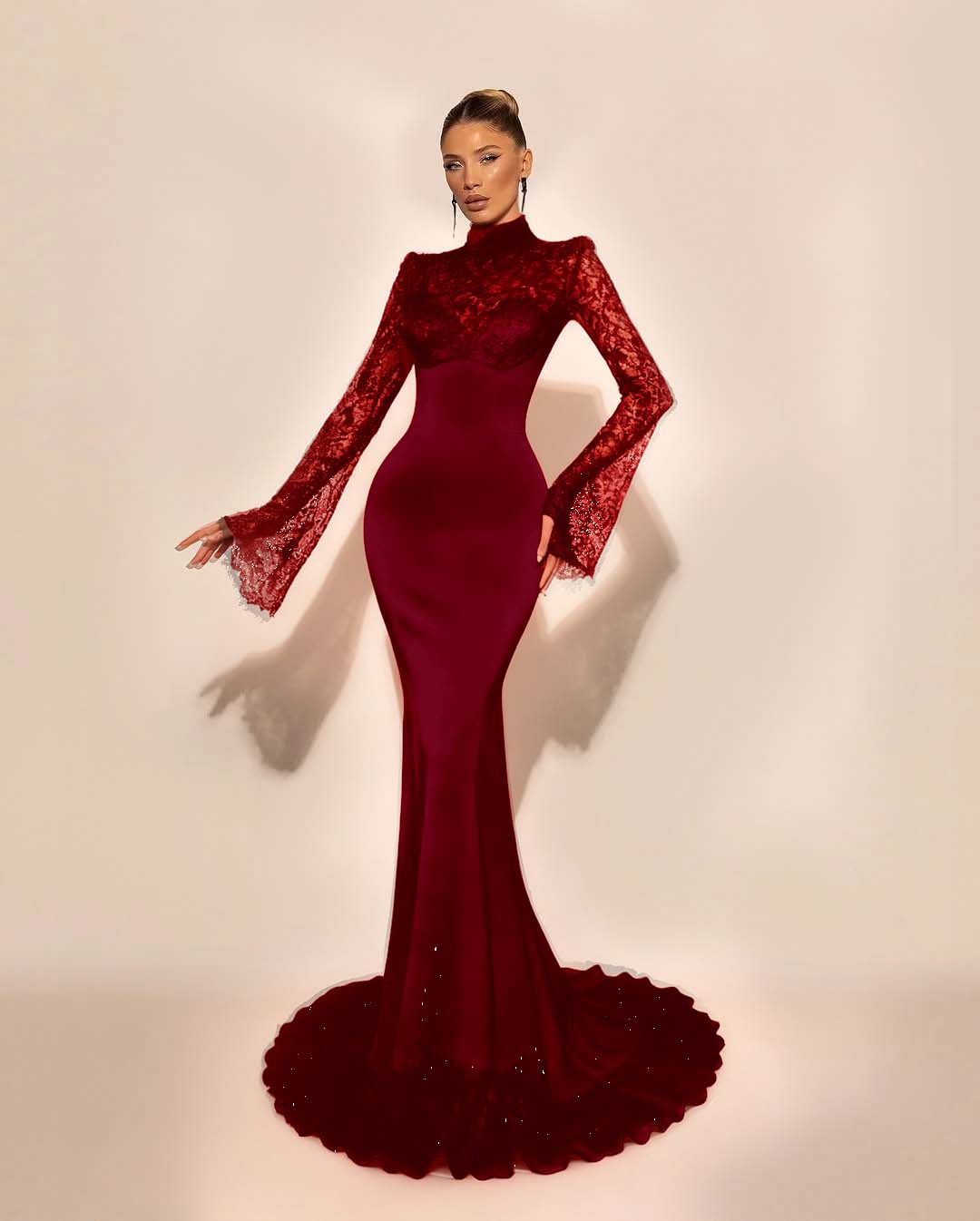 Custom High Neck Lace Mermaid Prom Dress With Pleated Long Sleeves