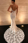 Spaghetti Strap Long Backless Lace Appliques Mermaid Wedding Dress