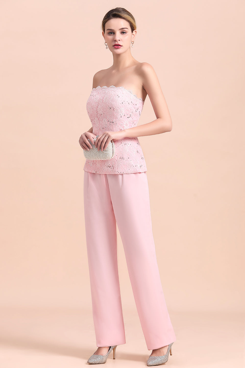 BMbridal Elegant Strapless Appliques Mother of Bride Jumpsuit with Long Sleeves Wraps