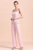 BMbridal Elegant Strapless Appliques Mother of Bride Jumpsuit with Long Sleeves Wraps
