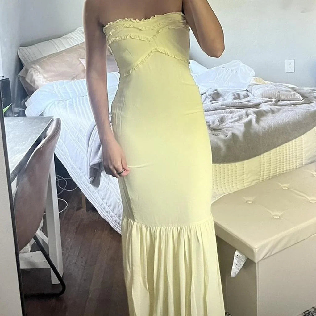 Cute Yellow Strapless Chiffon Ruffles Evening Dress Mermaid Prom Dress Y7896