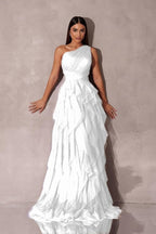Chic One Shoulder Sleeveless Long Prom Dress With Tulle Ruffle