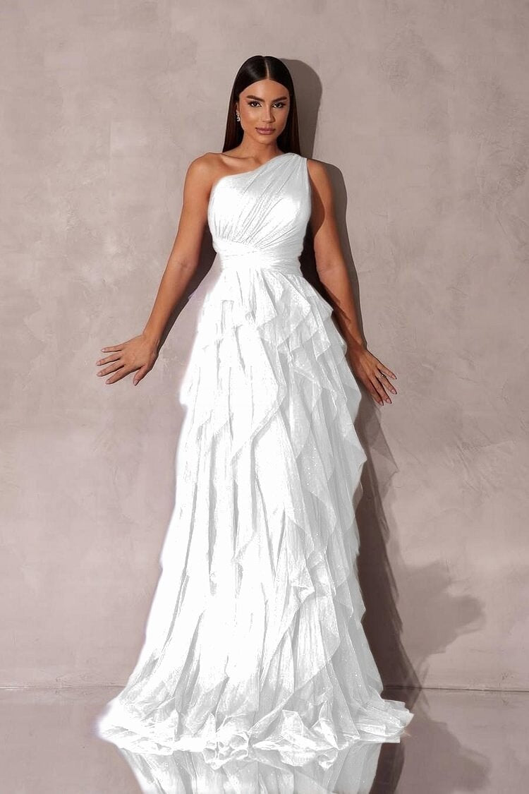 Chic One Shoulder Sleeveless Long Prom Dress With Tulle Ruffle