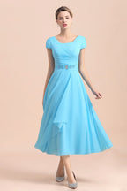 BMbridal Blue Short Sleeves Chiffon Mother of the Bride Dress Tea-Length Online