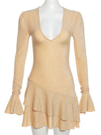 Vestido Feminino TARUXY Decote em V Profundo Cintura Alta Bodycon Mini com Prega e Aplicação para Festa de Inverno