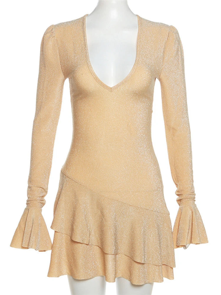 Vestido Feminino TARUXY Decote em V Profundo Cintura Alta Bodycon Mini com Prega e Aplicação para Festa de Inverno
