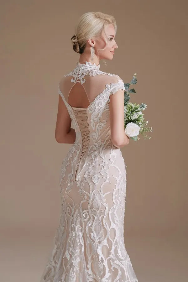 Sexy Lace Mermaid Wedding Dress With High Neck And Long Sleeves