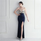Korean Velvet Sequined Annual Party Long Evening Dress – Social Glamour