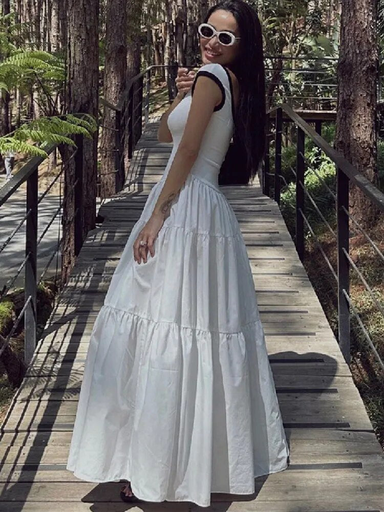 Robe longue rétro fine TARUXY pour femme, été 2024, manches courtes, taille haute, robe de soirée élégante pour dame, maxi femme