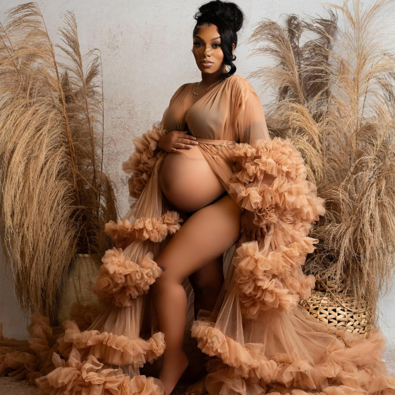 Robe de bal sexy à col en V, volantée à l'avant avec fente, manches Tauze, tenue de maternité à volants pour photographie de grossesse