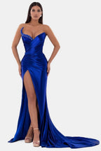 Sexy trägerloses Ballkleid in Königsblau mit V-Ausschnitt, hohem Schlitz und Plissee 