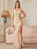 Vestidos de noche largos con lentejuelas brillantes color champán estilo sirena para mujer 2025, sexys, con tirantes finos, espalda descubierta y abertura larga para fiesta de gala o baile de graduación