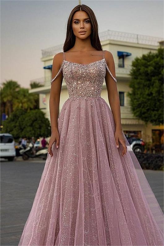 Tulle Spaghetti Strap Sleeveless A Line Prom Dress With Sequins Beads