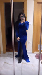 Vestido de noche elegante de terciopelo azul real, vestido de noche azul real Y5666