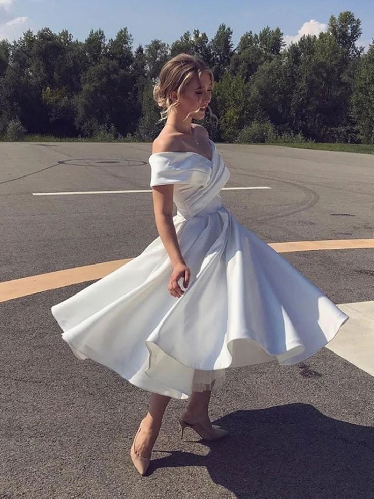 Modest Off The Shoulder Short A Line Satin Strapless Wedding Dress