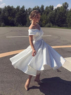Modest Off The Shoulder Short A Line Satin Strapless Wedding Dress