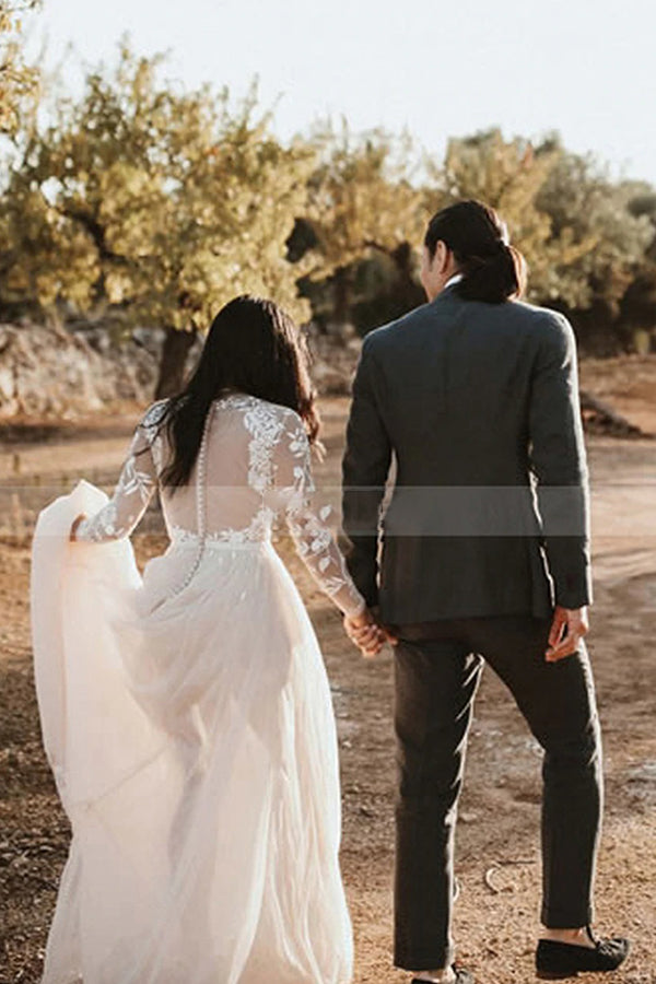 Stylish Lace Long Sleeves Scoop Sweep Train A Line Wedding Dress