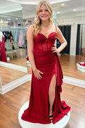Sweetheart Satin Mermaid Long Prom Dresses with Slit