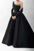 One Shoulder A Line Long Prom Dress With Beading Detachable Sleeves Custom Made