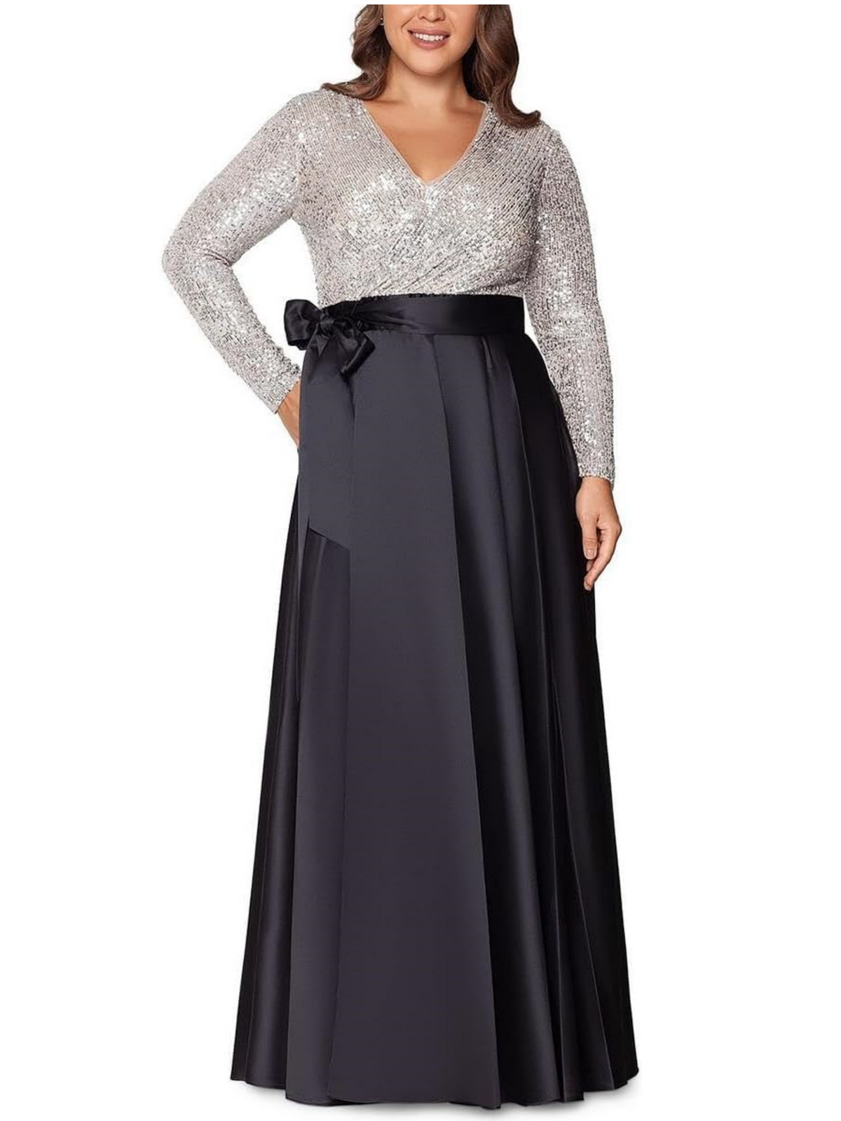 Vestido da mãe da noiva com decote em V evasé princesa até ao chão com bolso de mangas compridas e lantejoulas