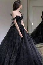 Black Shiny Tull Prom Dress Applique Off Shoulder Sweet Long Formal Wedding Party Dress Elegant Women's Evening Gowns Cu