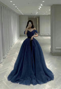Robe de soirée bleue scintillante à épaules dénudées Robe de bal ample en ligne A Y389