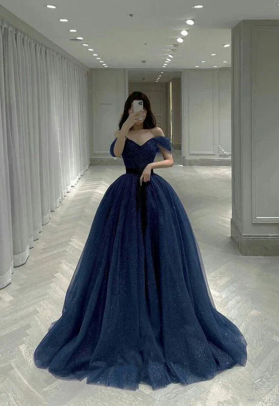 Robe de soirée bleue scintillante à épaules dénudées Robe de bal ample en ligne A Y389
